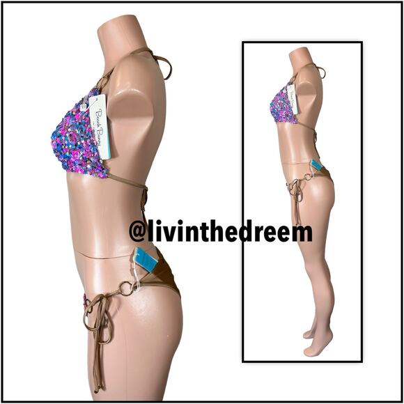 Beach Bunny Paparazzi Triangle Top XL & Tie Side Bottom M- Blue/Pink $270 - Picture 5 of 14